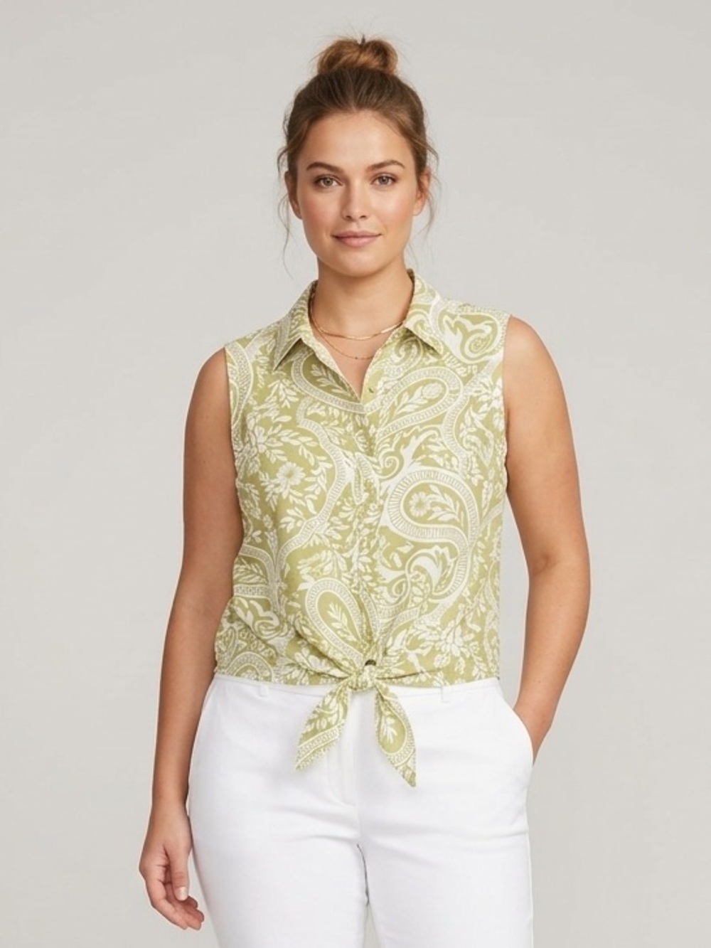 NWOT sleeveless Joie button up tie front tropical paisley green top size XS